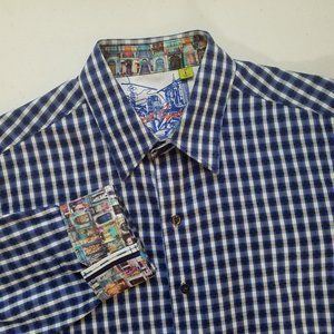 Robert Graham Blue Plaid Button Front Shirt Flip Cuff Men's‎ Size Large